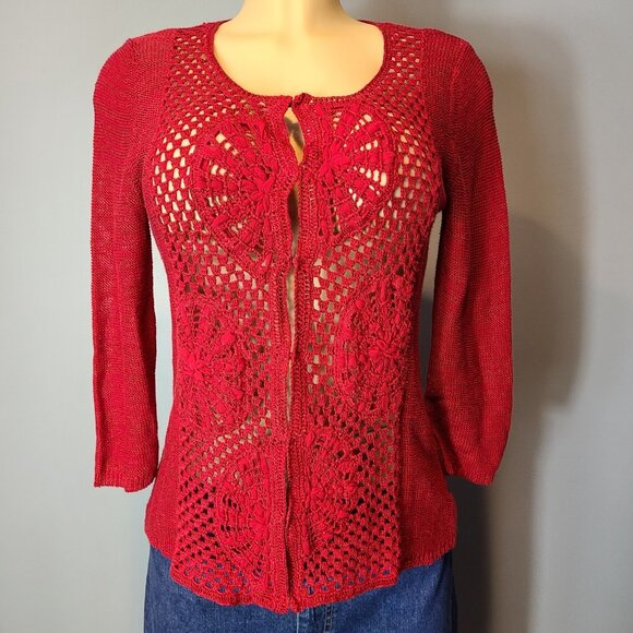 Vintage Jewel Red Parisian Open Knit Sweater Cottage Size Small Holiday Fairy - Picture 1 of 10